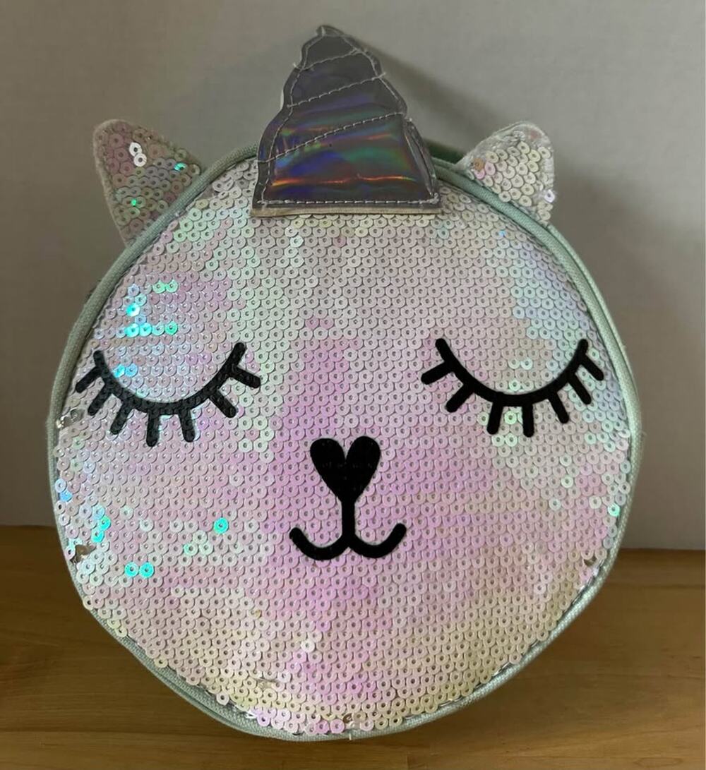 Pastel Rainbow Sequin Unicorn Round Lunch Box Mint Green Iridescent 8”